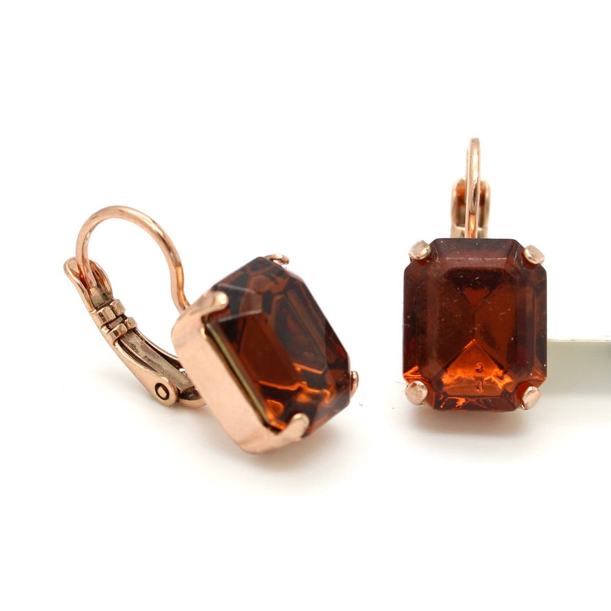Smoked Topaz Emerald Cut Rectangular Earrings in Rose Gold