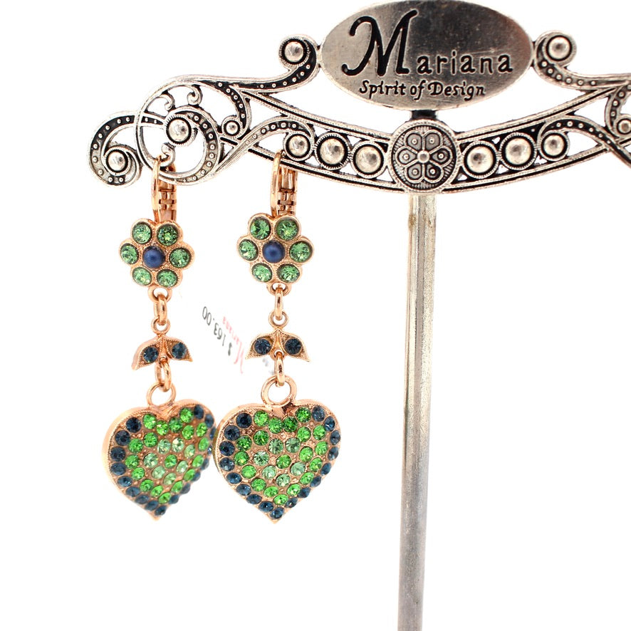 Flower and Heart Dangle Earrings in Rose Gold by Mariana