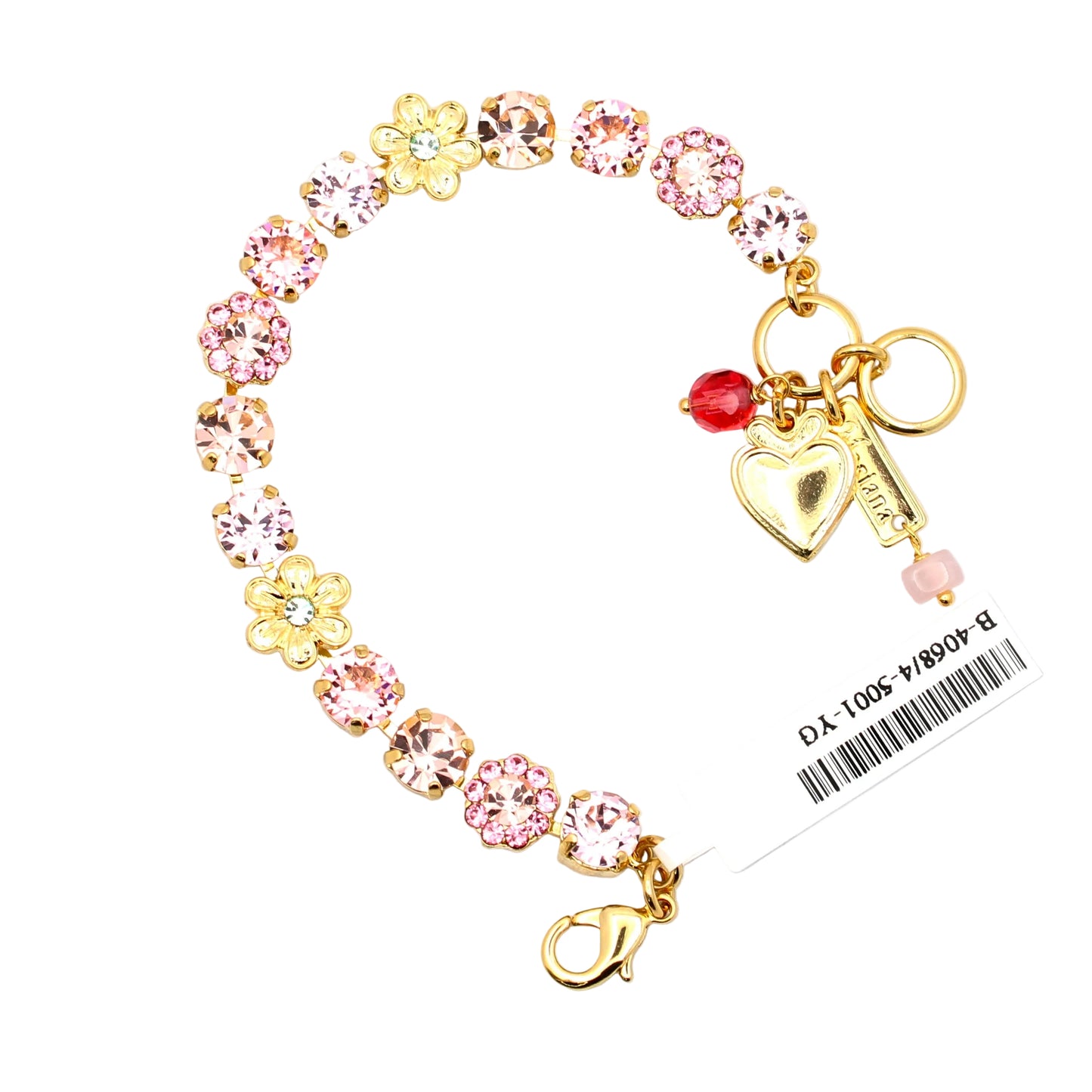 Bracelet with floral and heart charms on a white background