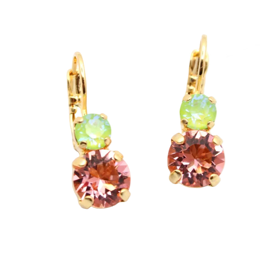 Gold earrings with multicolored gemstones on a white background