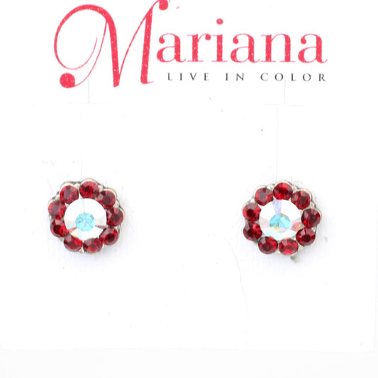Siam Red and Aurora Borealis Post Flower Earrings - MaryTyke's