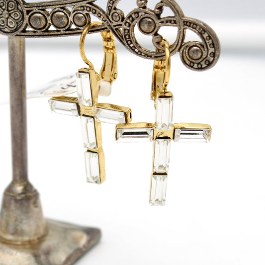 Clear Baguette Cross Earrings in Gold