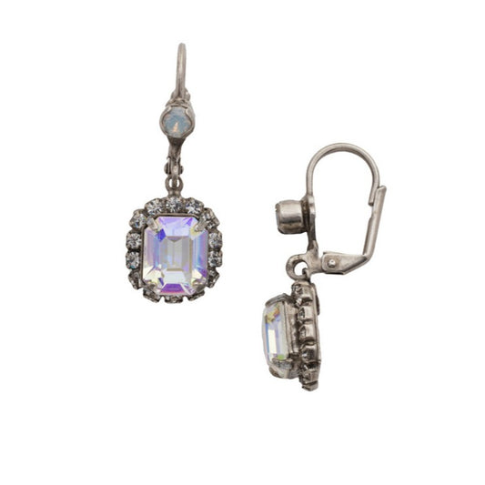 Emerald Cut Halo Dangle Earrings in Antique Silver