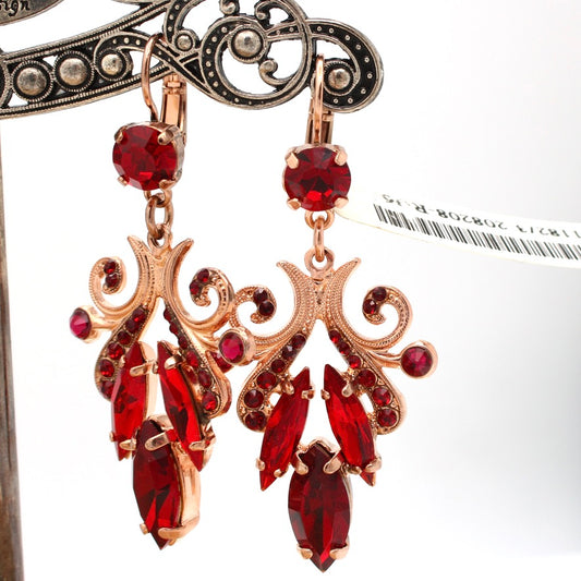 Red Crystal Chandelier Earrings in Rose Gold