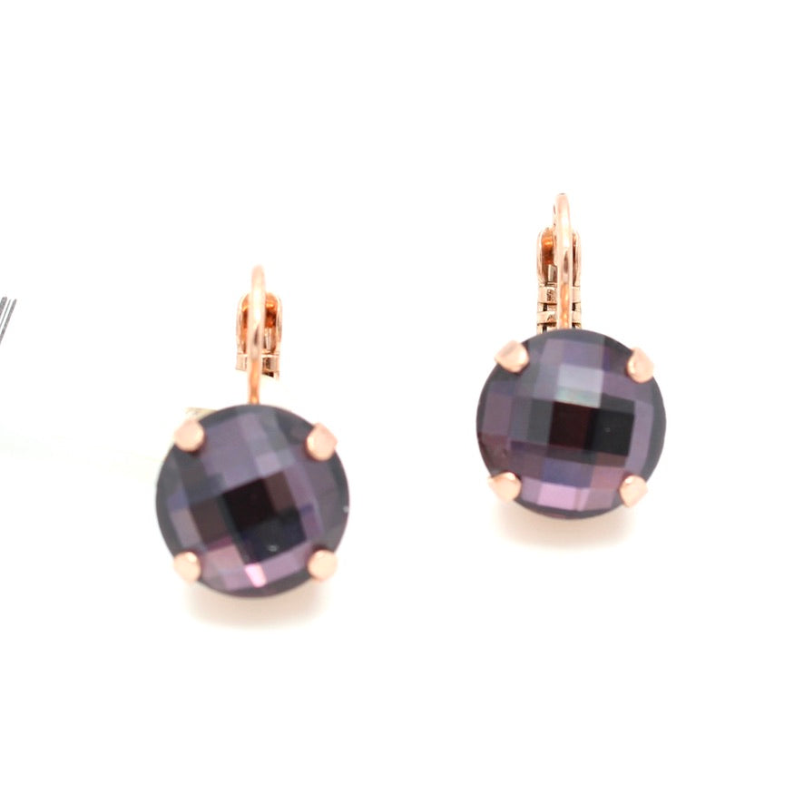 Amethyst Checkerboard 11MM Round Crystal Earrings in Rose Gold