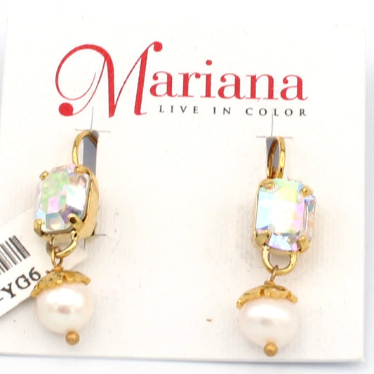 Crystal AB Emerald Cut Earrings with Pearl Drop in Gold