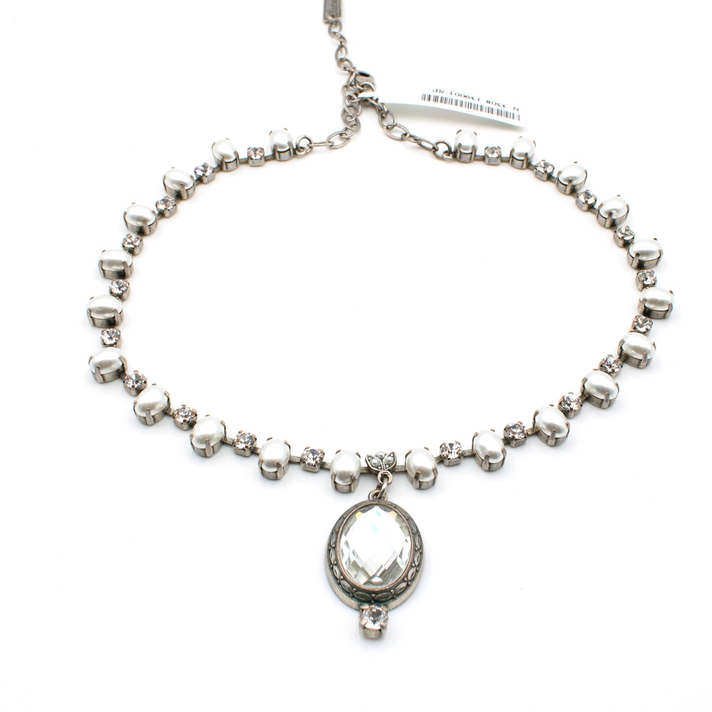 Pearl and Clear Oval and Round Necklace with Pendant in Antique Silver