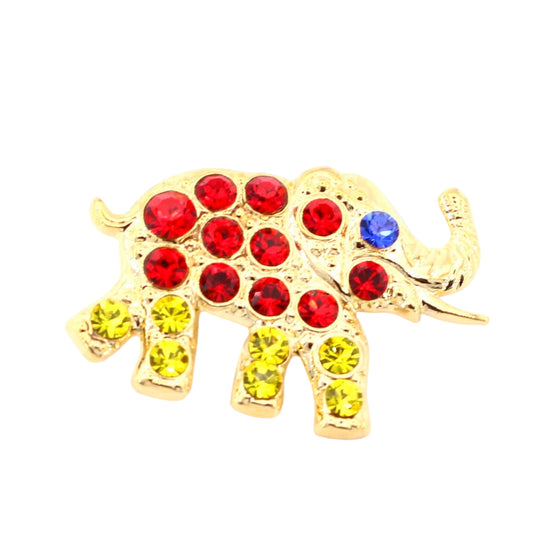 Gold elephant-shaped brooch with colorful gemstones on a white background