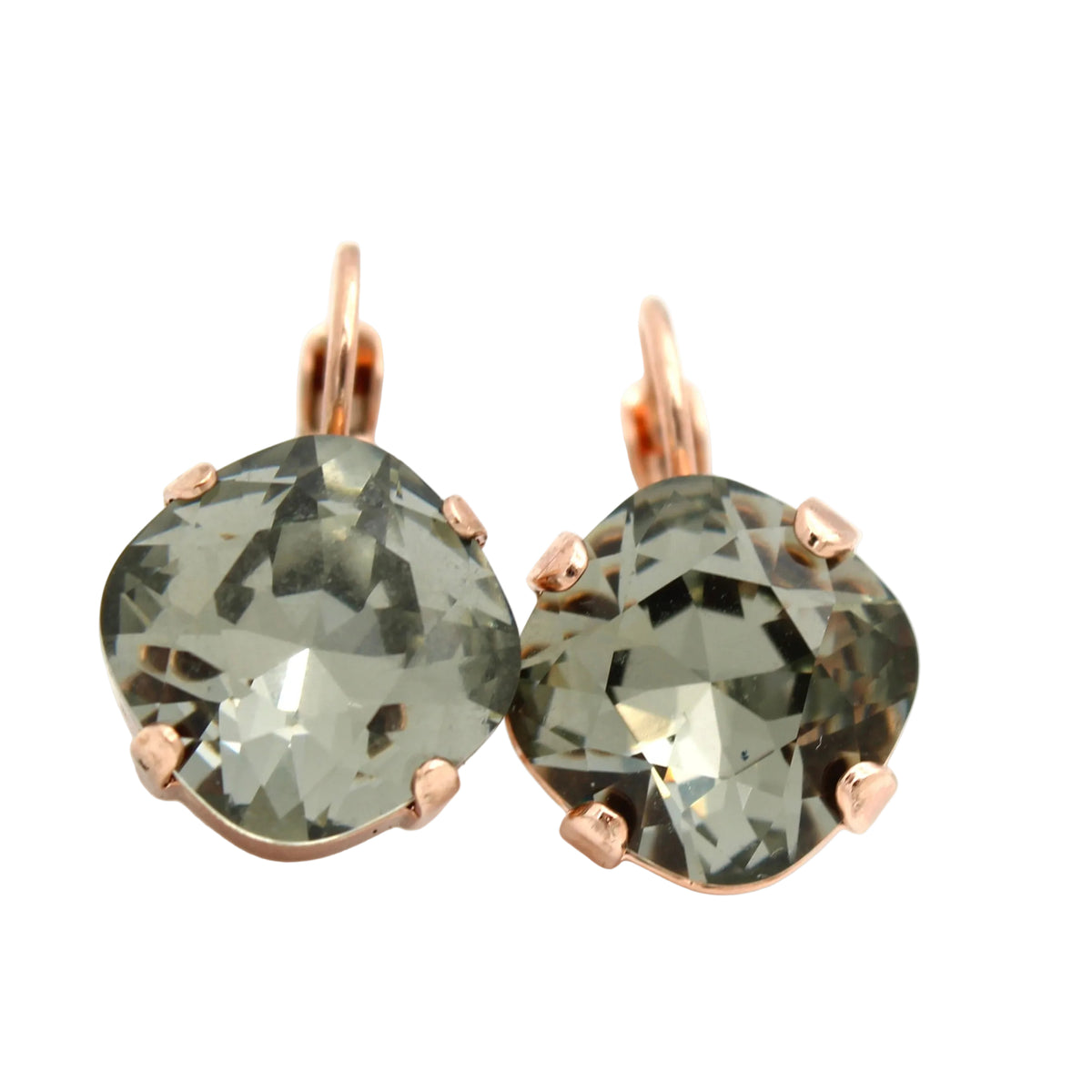 A pair of cushion-cut gray-green gemstone drop earrings in rose gold prong settings with leverback hooks, shown on a clean white background.
