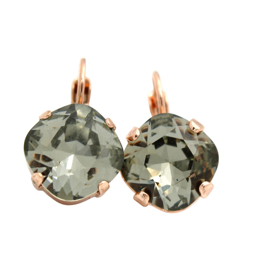 A pair of cushion-cut gray-green gemstone drop earrings in rose gold prong settings with leverback hooks, shown on a clean white background.
