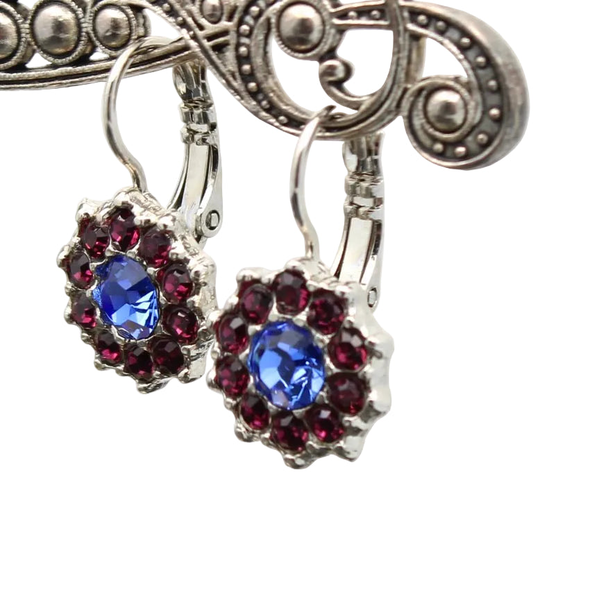 Heart-shaped earrings with blue and red stones on a white background
