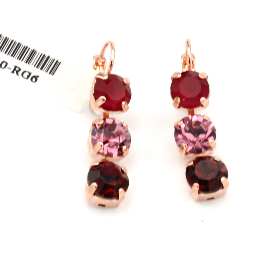 Cranberry Crush Three Stone Leverback Earrings in Rose Gold