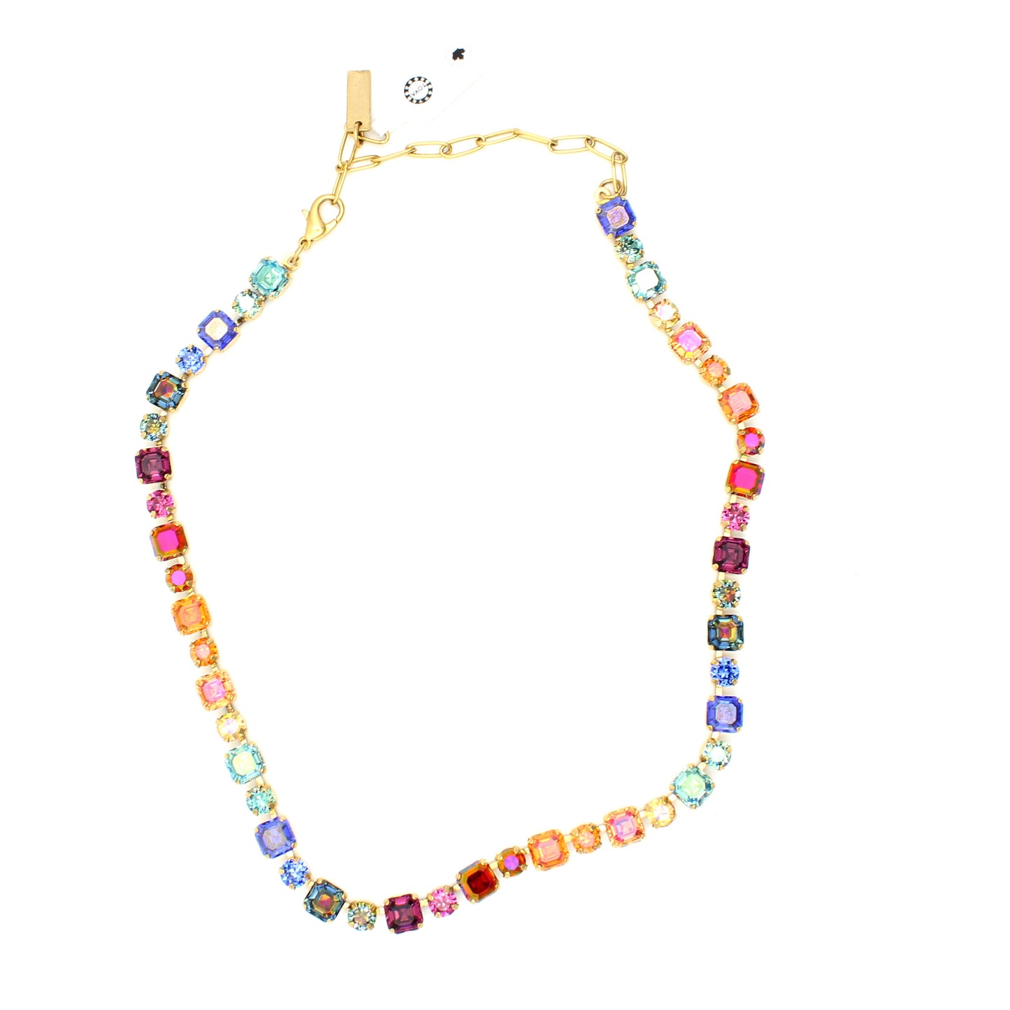 Multicolored gemstone necklace on a white background