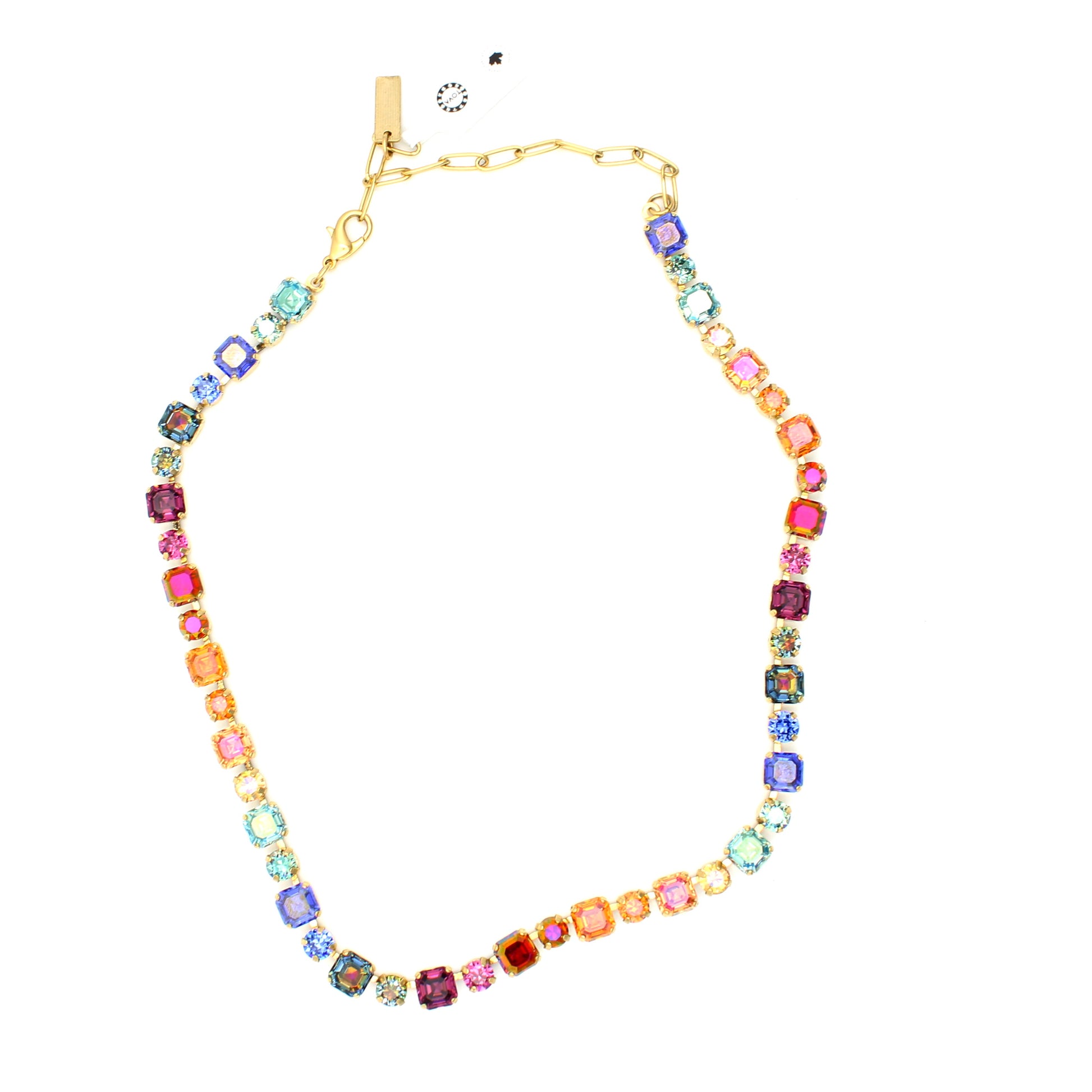 Multicolored gemstone necklace on a white background