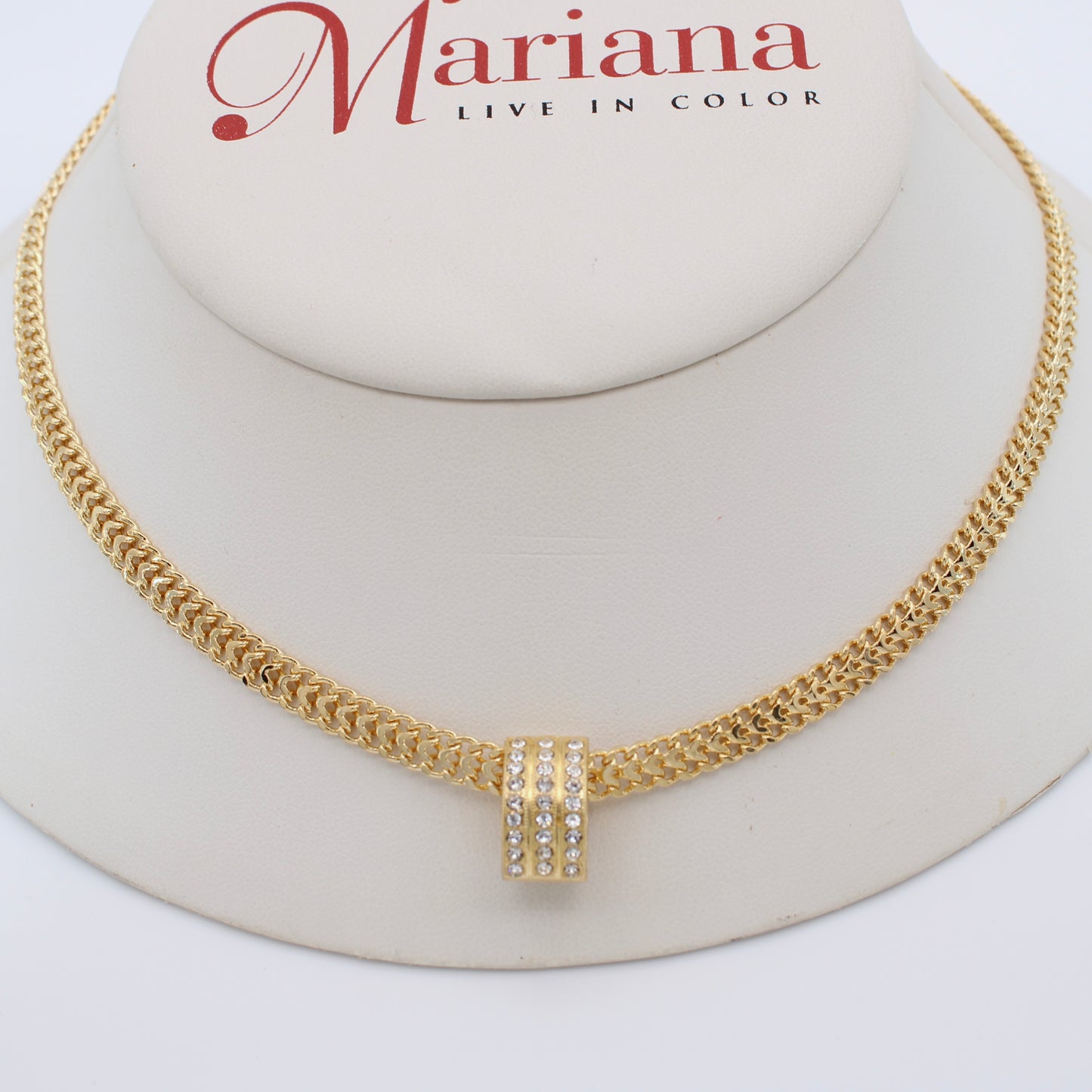 Clear Embellished Slide Pendant With Herringbone Chain in Yellow Gold