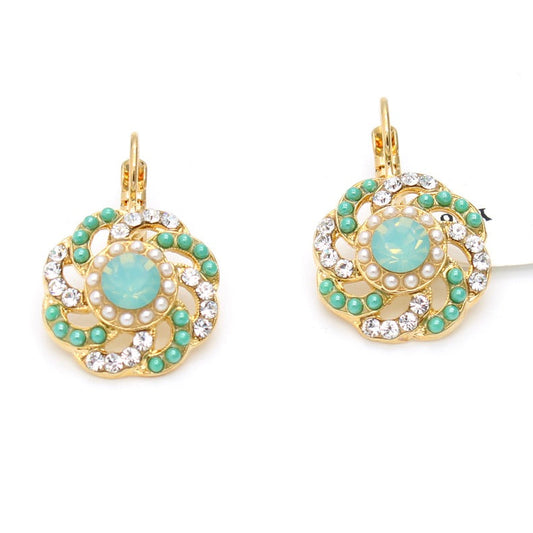 round swirl earrings with clear and turquoise in gold
