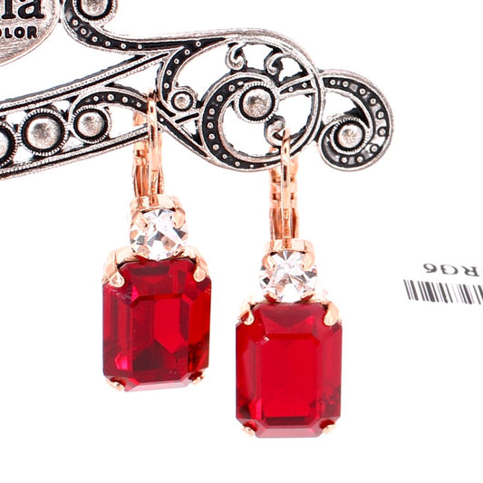 Siam Red Large Emerald and Round Rose Gold Earrings