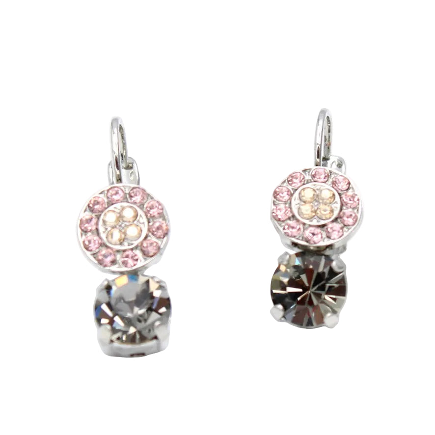 Pair of earrings with pink and clear gemstones on a white background