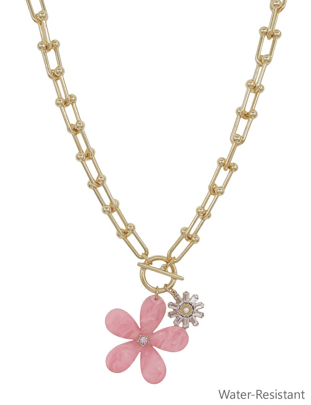 Necklace with a pink flower pendant and gold chain on a white background