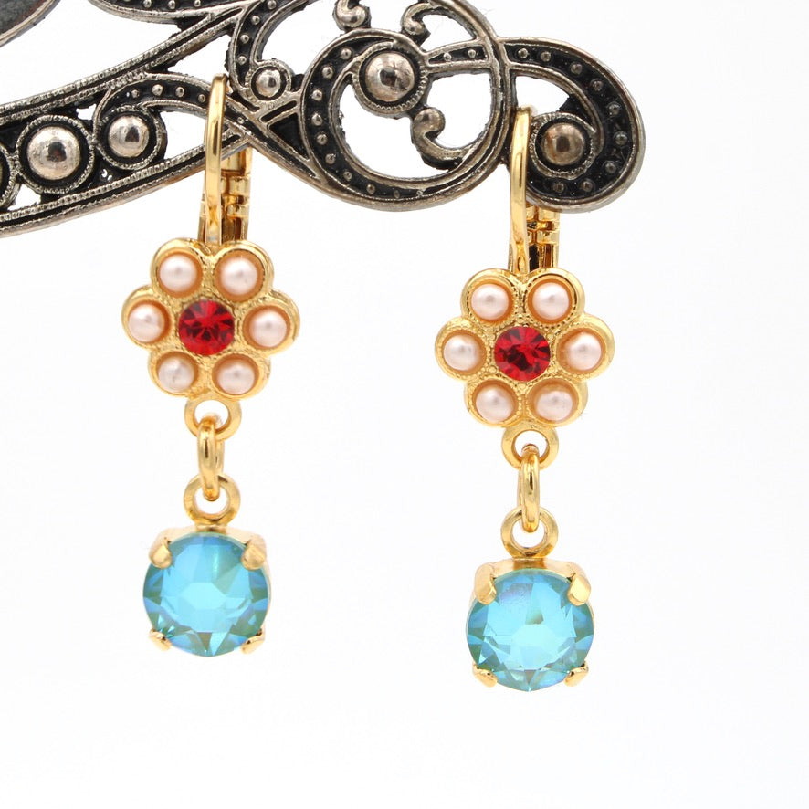 Enchanted Collection Small Flower Earrings with Drop in Yellow Gold