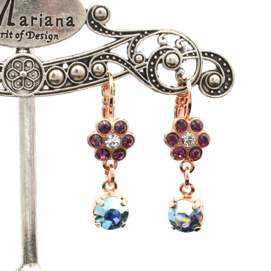Purple Paradise Collection Small Flower Earrings with Crystal Drop in Rose Gold - MaryTyke's