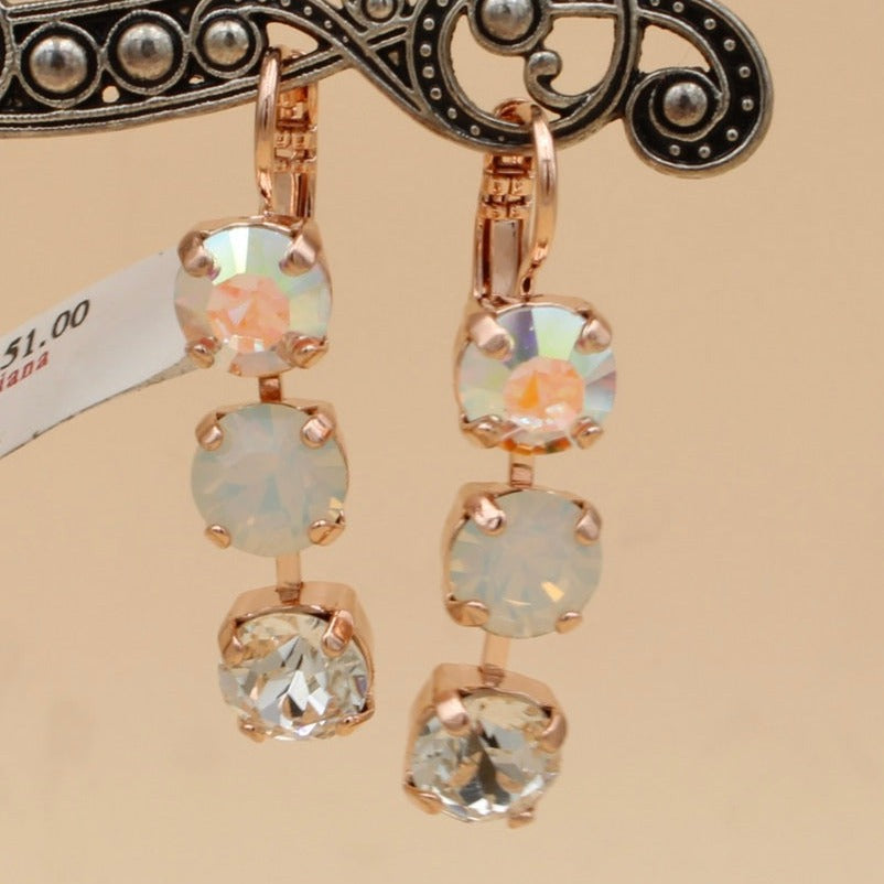 Clear, White Opal and Crystal AB Three Stone Leverback Earrings in Rose Gold - MaryTyke's