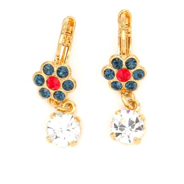 Patriot Collection Flower Earrings with Crystal Drop in Yellow Gold