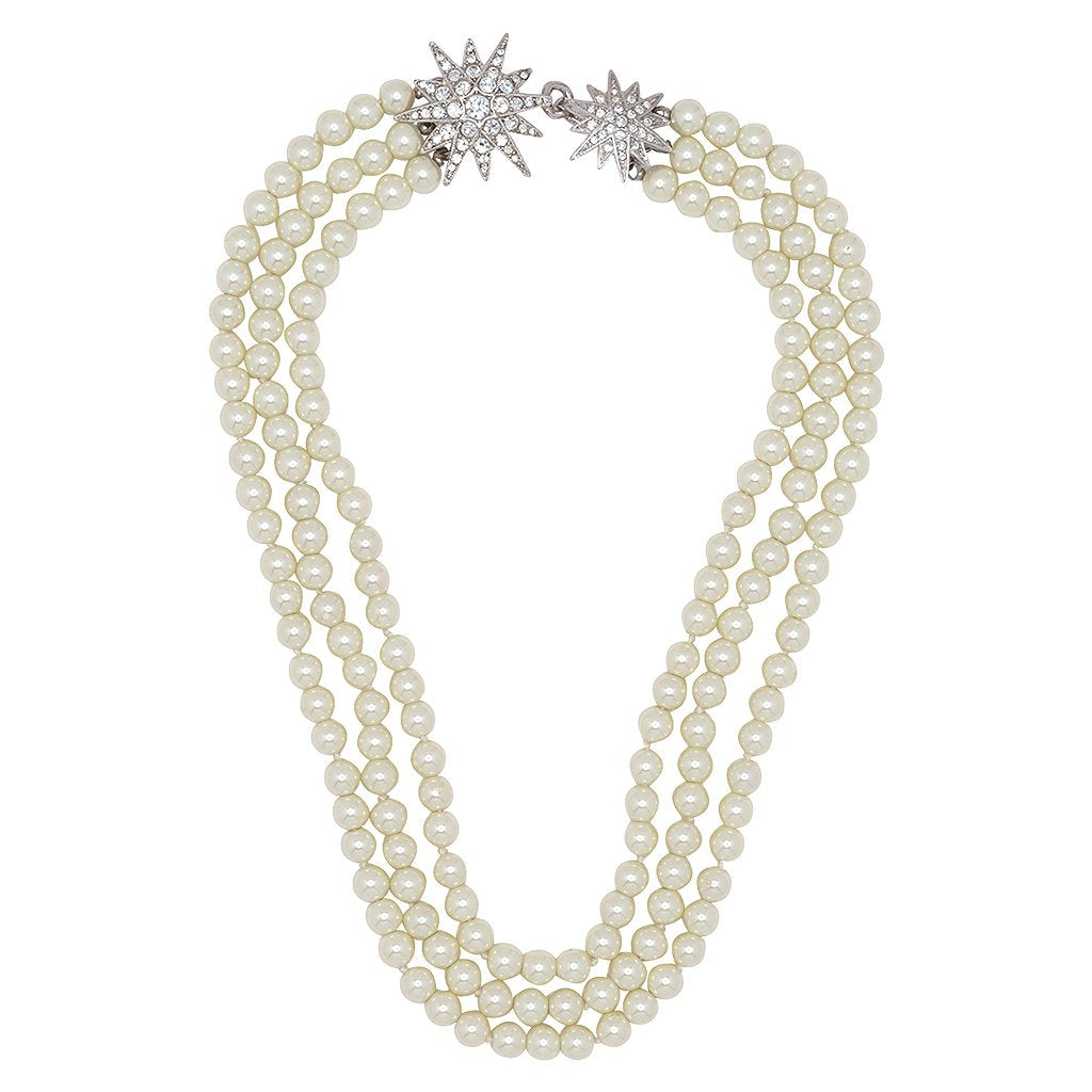 Three Row Pearl Necklace with Starburst Clasp - MaryTyke's