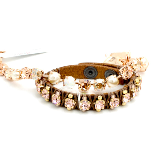 Brown Leather and Peach Crystal Snap Bracelet - MaryTyke's