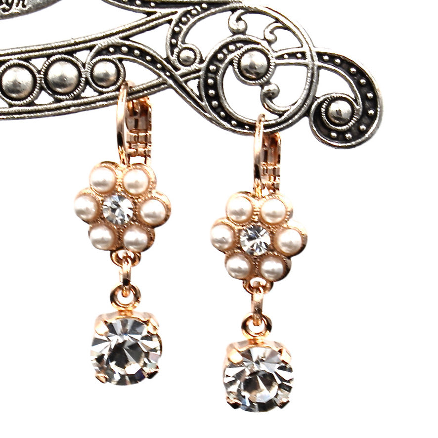 Crystal Pearls Petite Flower Earrings with Crystal Drop in Rose Gold
