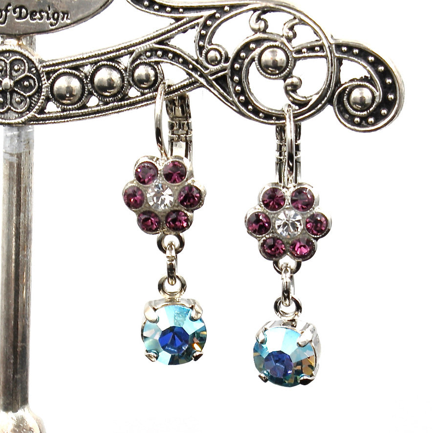 Purple Paradise Collection Small Flower Earrings with Crystal Drop