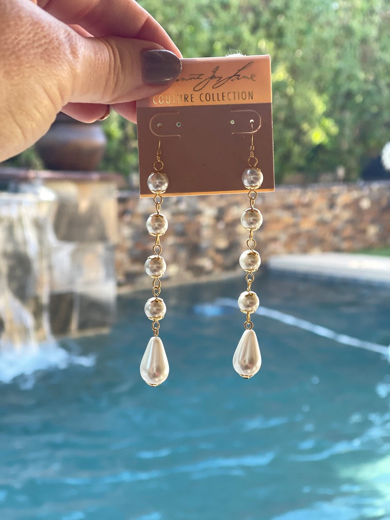 Gold and Pearl Dangle Earrings with Teardrop Bottom