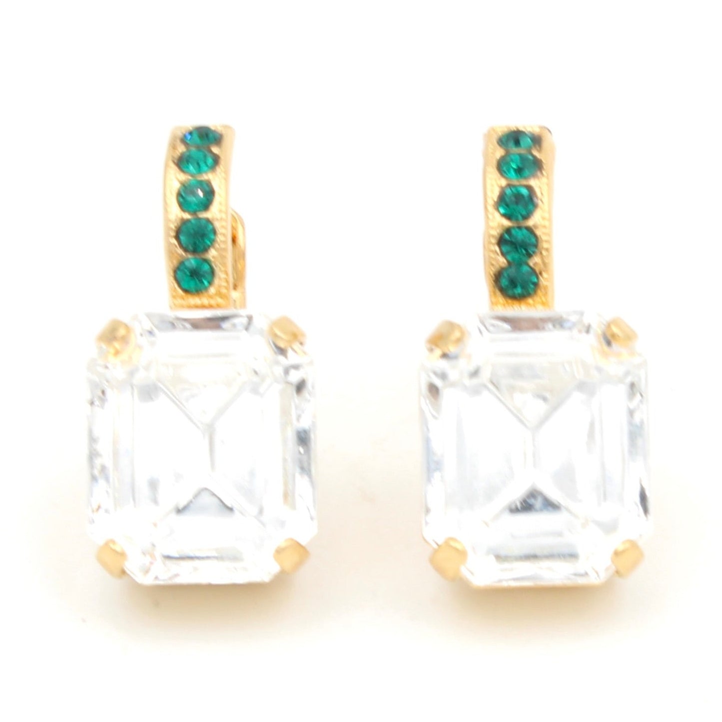 Clear Emerald Cut Earrings with Emerald Leverback in Yellow Gold - MaryTyke's