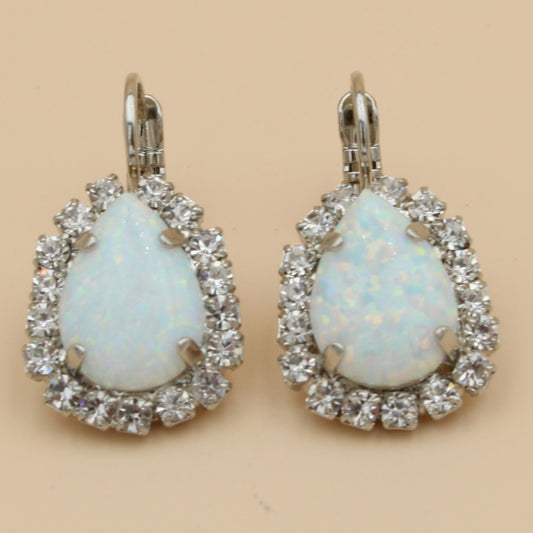 Clear and White Synthetic Opal Pear Halo Earrings - MaryTyke's