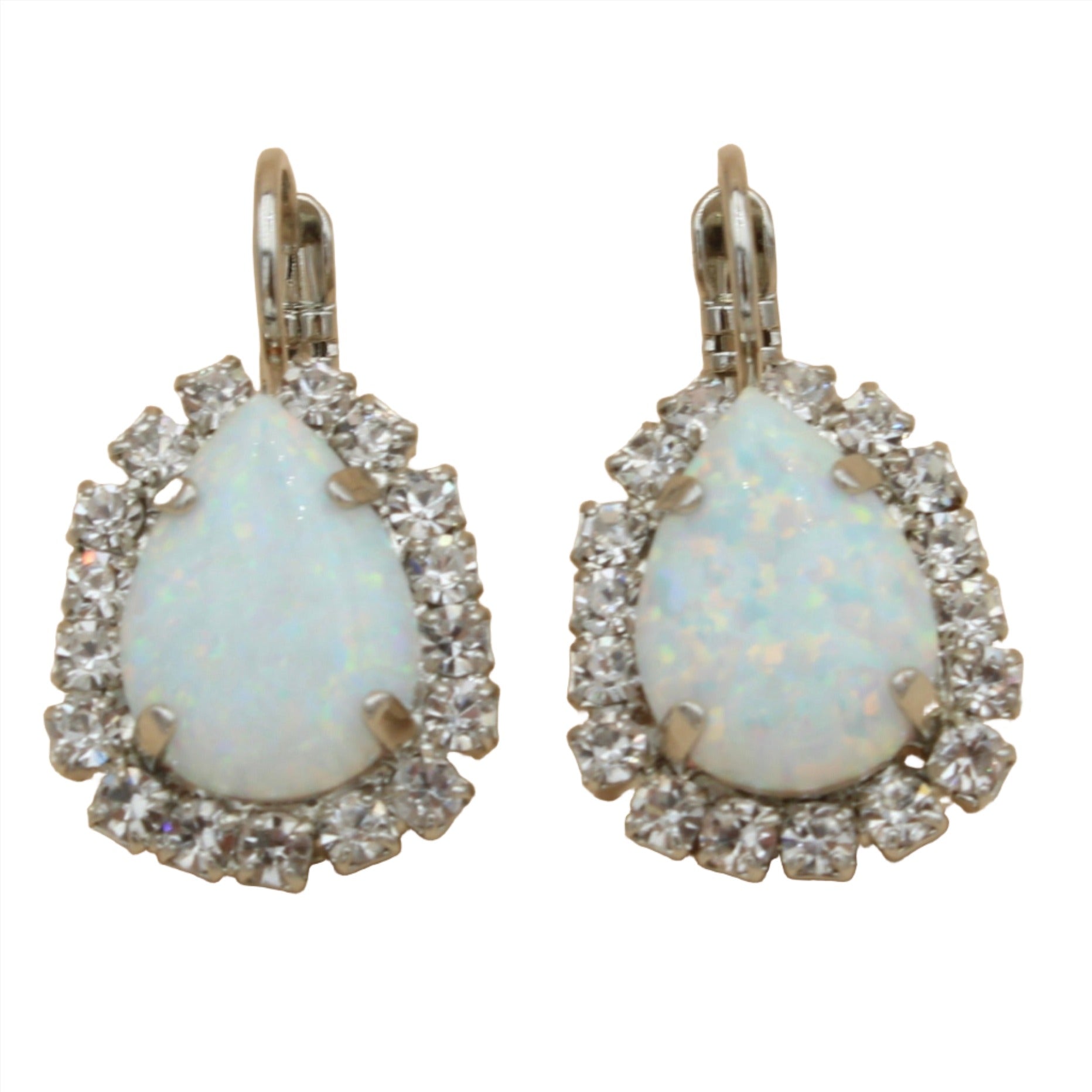 Clear and White Synthetic Opal Pear Halo Earrings - MaryTyke's