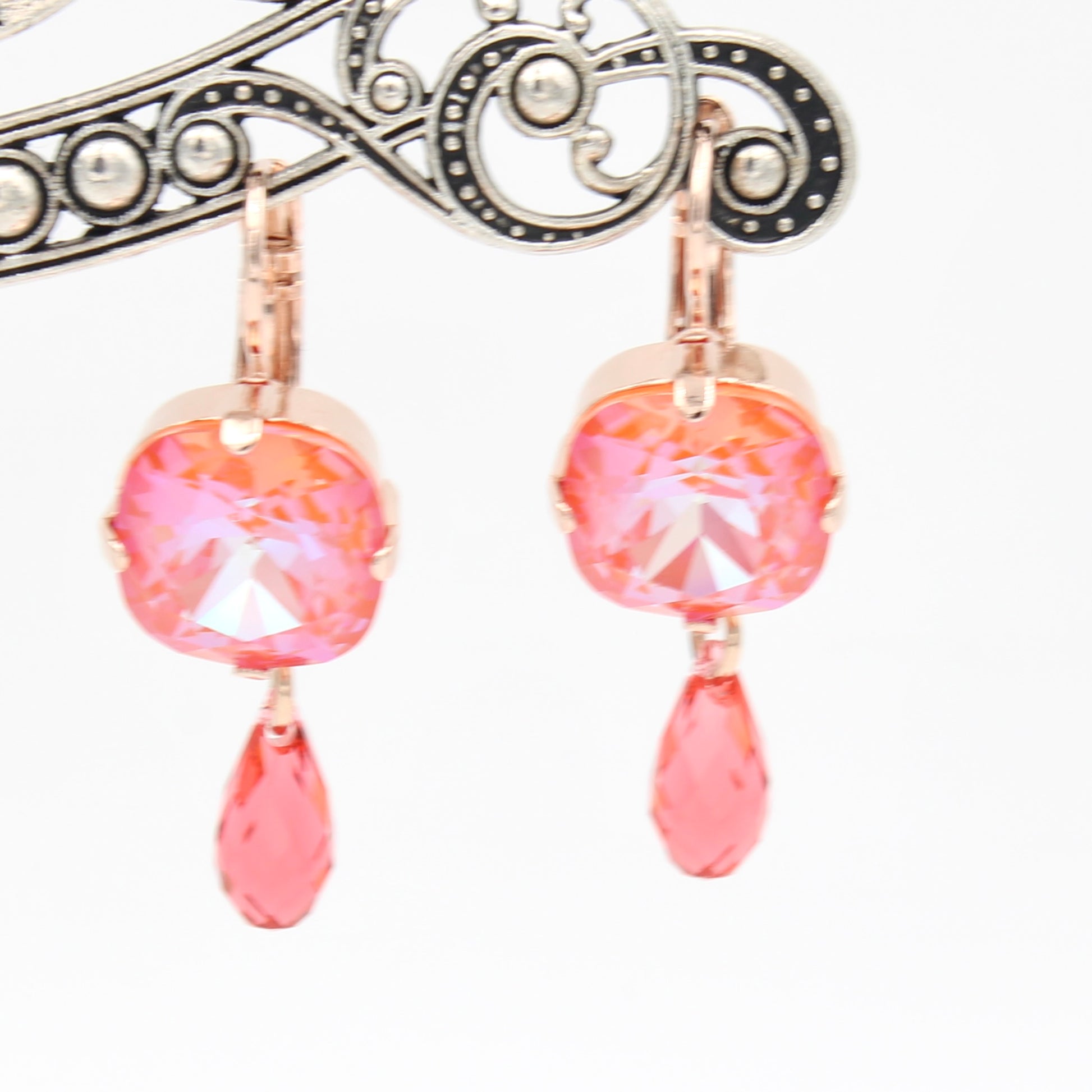 Sunset Cushion Cut Dangle Leverback Earring in Rose Gold - MaryTyke's
