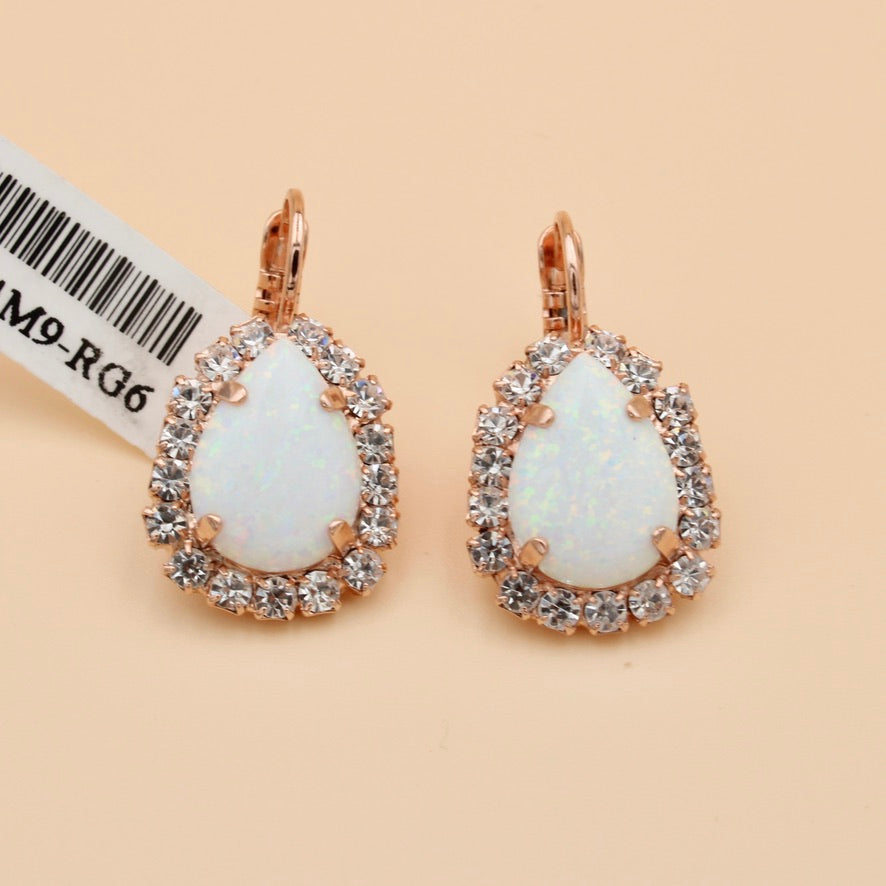 Clear and White Synthetic Opal Pear Halo Earrings in Rose Gold