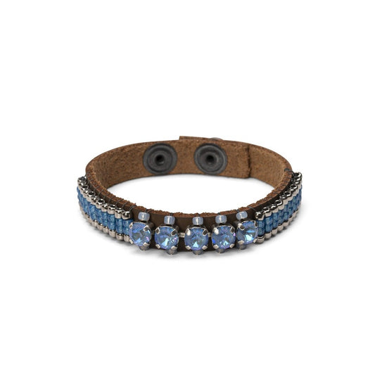 LaHola Brown Leather and Blue Bead and Crystal Snap Bracelet - MaryTyke's