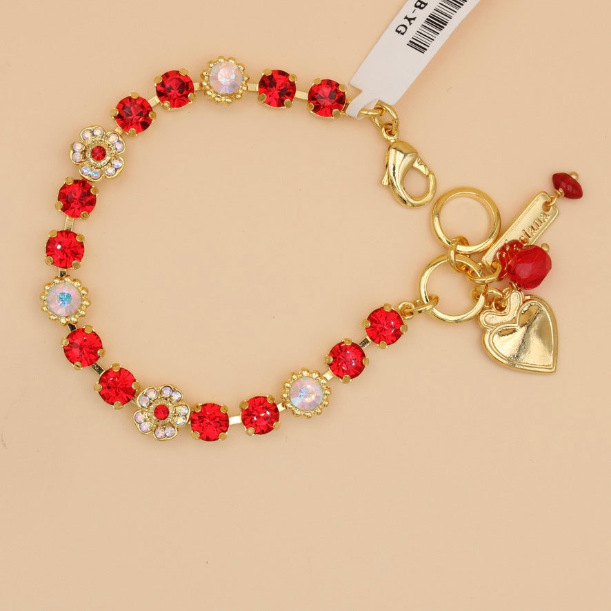 Light Siam and Crystal AB Small Ornate Flower Bracelet in Yellow Gold - MaryTyke's