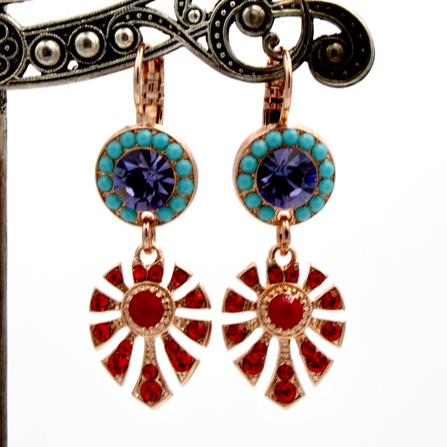 Rainbow Sherbet Collection Long Ornate Crystal Earrings in Rose Gold