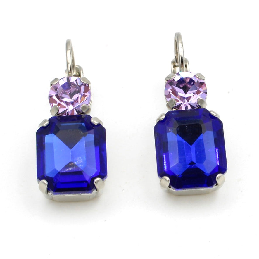 Electric Blue Petite Round and Emerald Cut Earrings