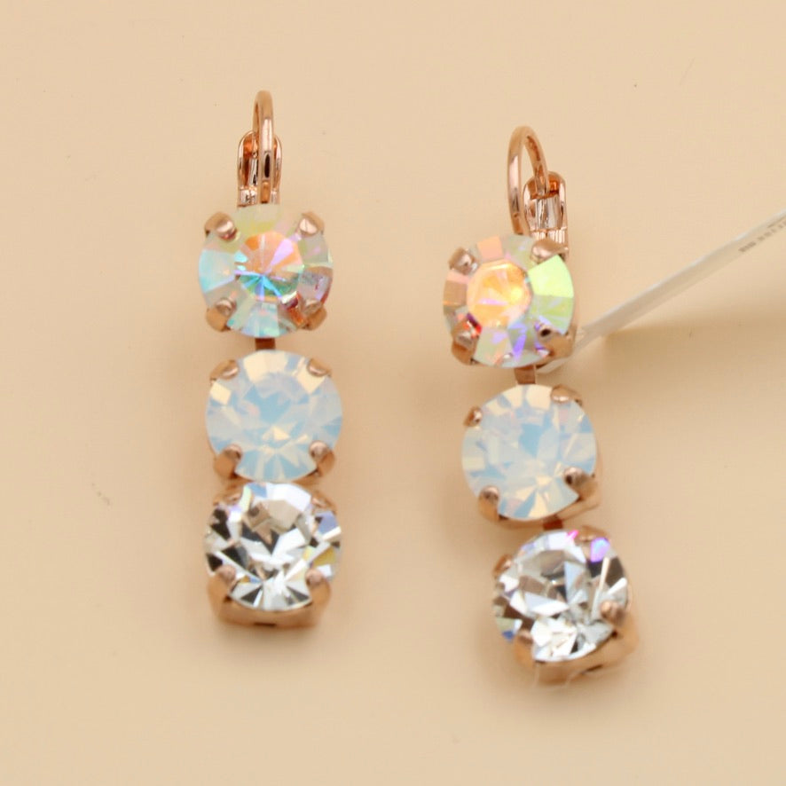 Clear, White Opal and Crystal AB Three Stone Leverback Earrings in Rose Gold