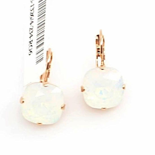 White Opal 12MM Square Crystal Earrings in Rose Gold - MaryTyke's