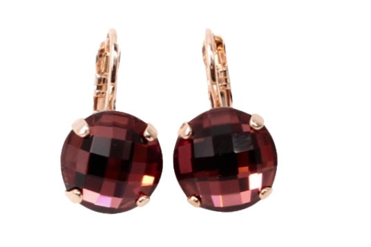 Burgundy Checkerboard Cut 11MM Crystal Earrings in Rose Gold - MaryTyke's